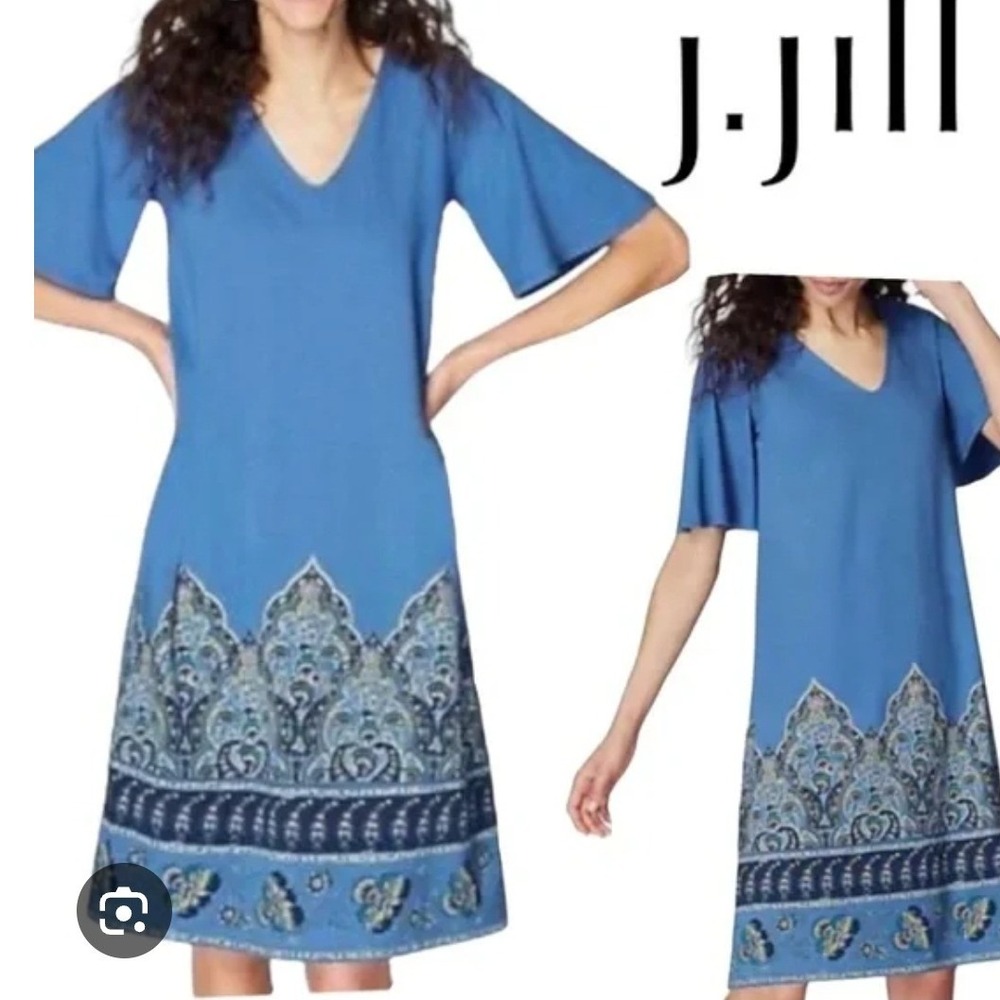 J. Jill NEW Wearever Blue Paisley Border Print V-Neck Shift Dress S